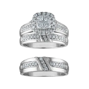 1 CTW Diamond Halo Wedding Trio Set in 10KT White Gold