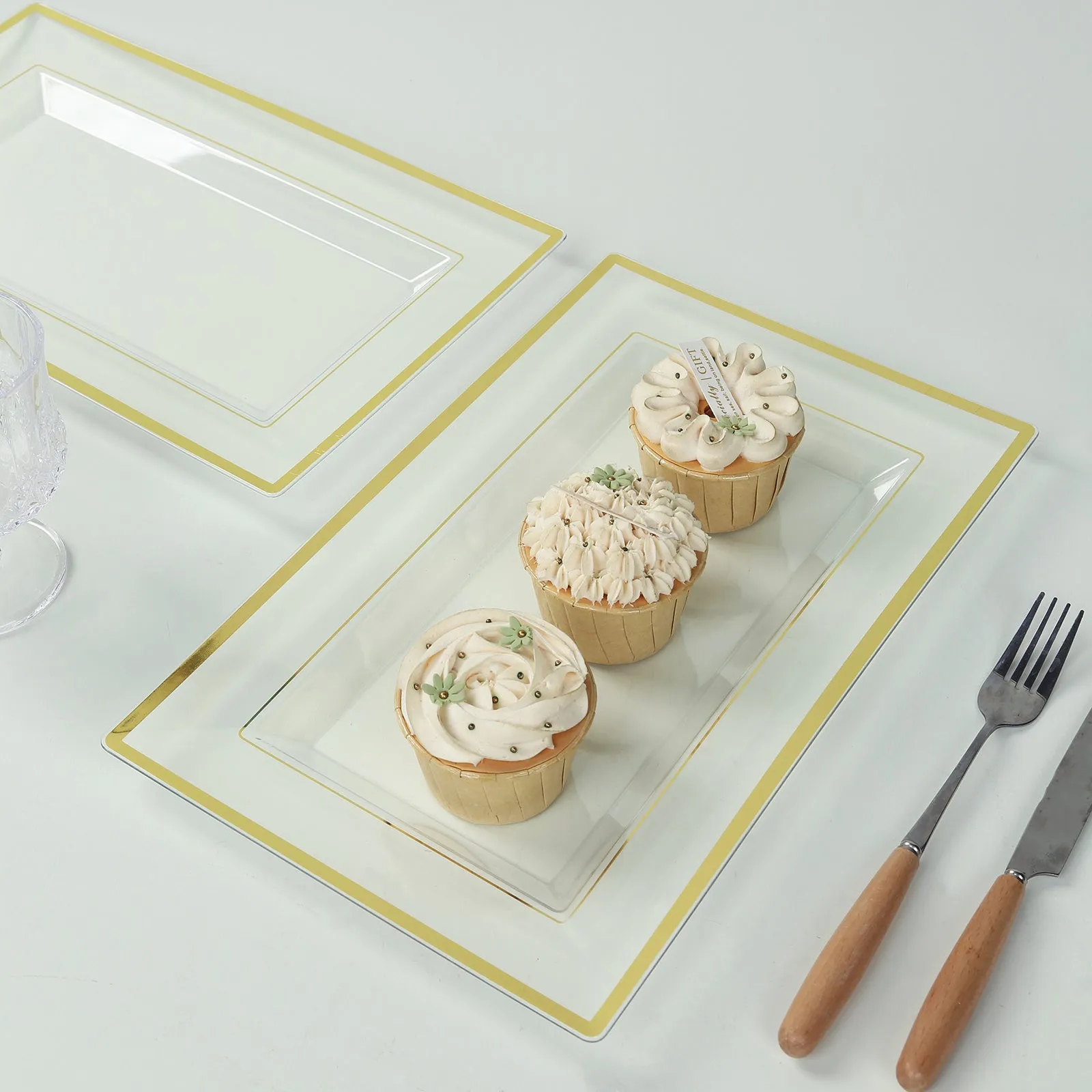 10 Pack Clear Rectangular Plastic Serving Trays with Gold Rim, 13"x8" Disposable Party Platters for Appetizers and Snacks