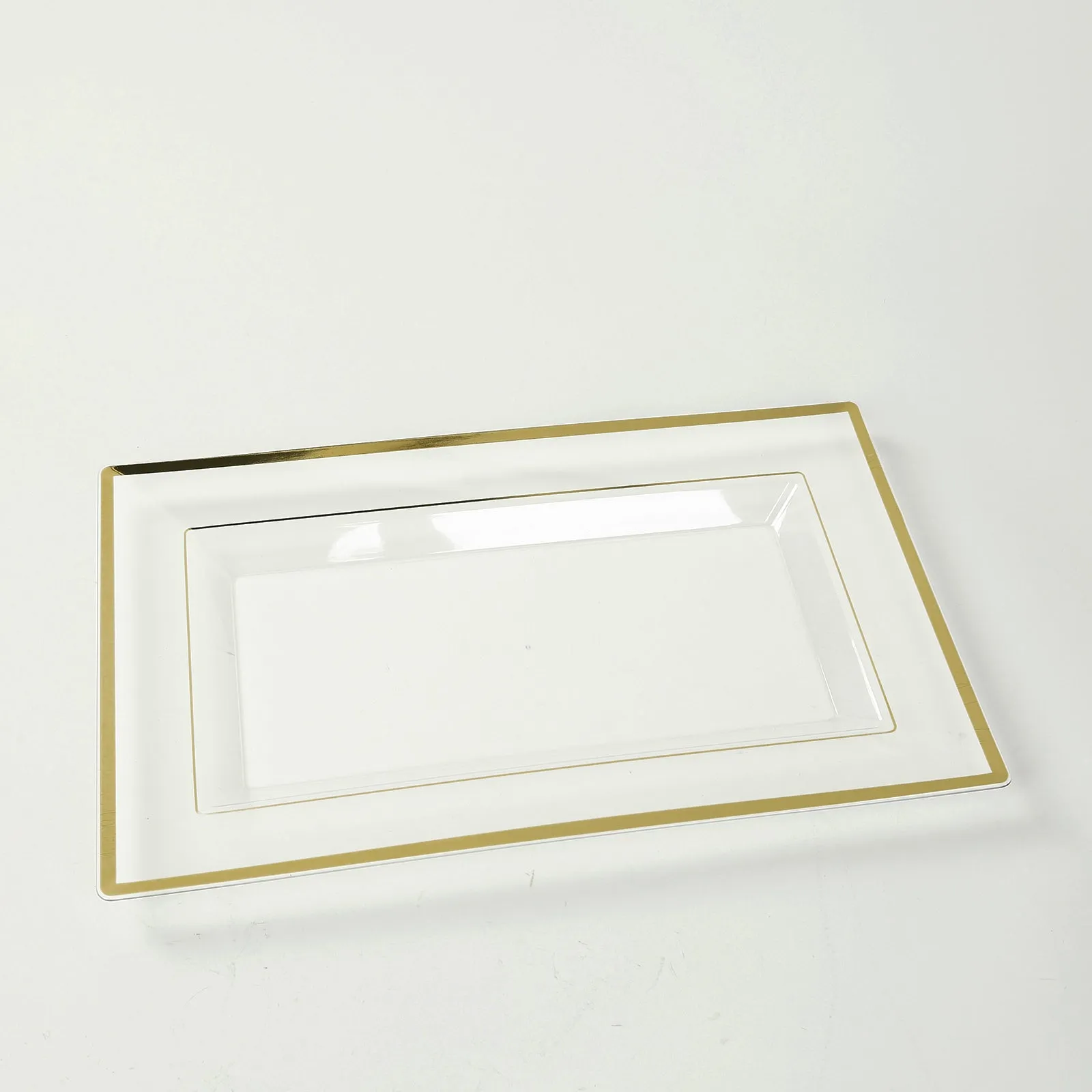 10 Pack Clear Rectangular Plastic Serving Trays with Gold Rim, 13"x8" Disposable Party Platters for Appetizers and Snacks