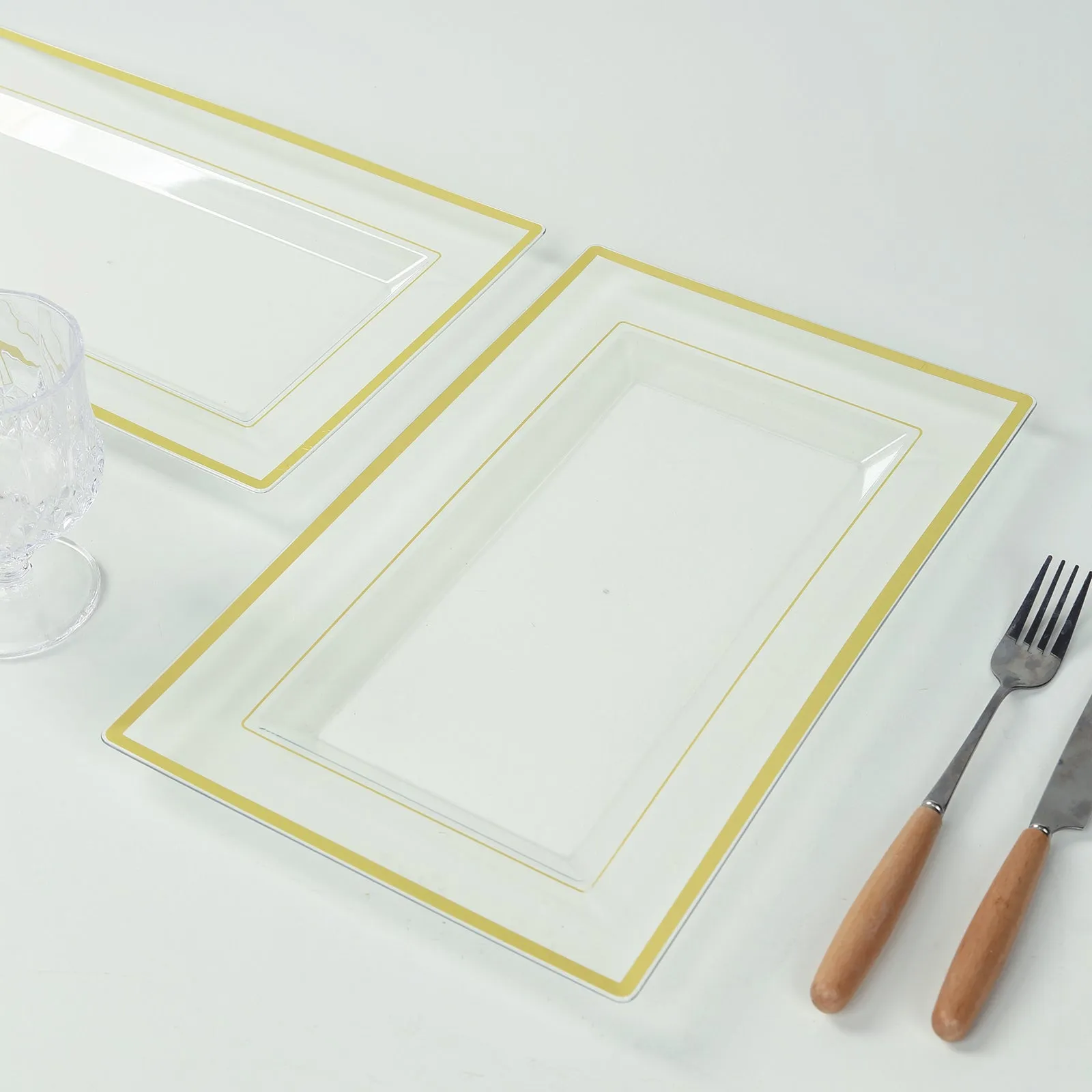 10 Pack Clear Rectangular Plastic Serving Trays with Gold Rim, 13"x8" Disposable Party Platters for Appetizers and Snacks