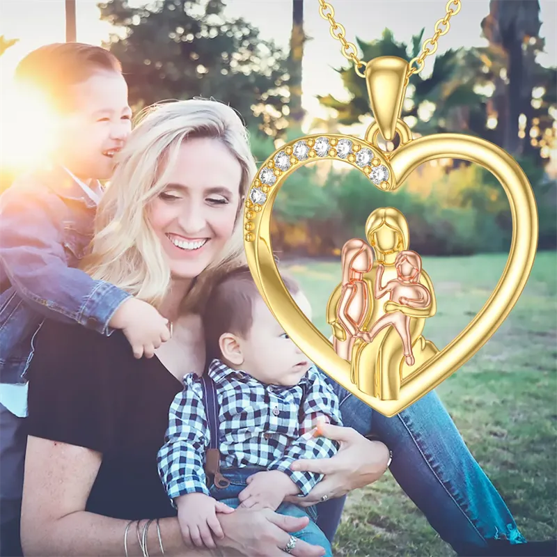 14K Gold Mother Daughte Son Pendant Necklace