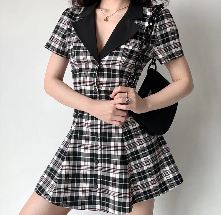 Academy Plaid Lapel Dress  Black