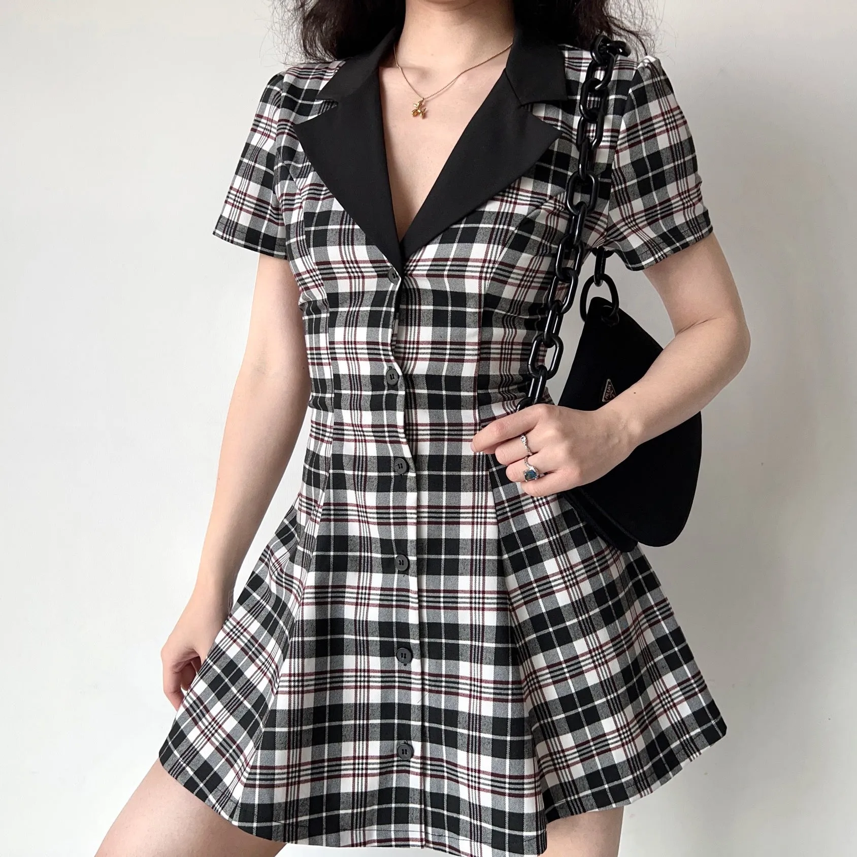 Academy Plaid Lapel Dress  Black