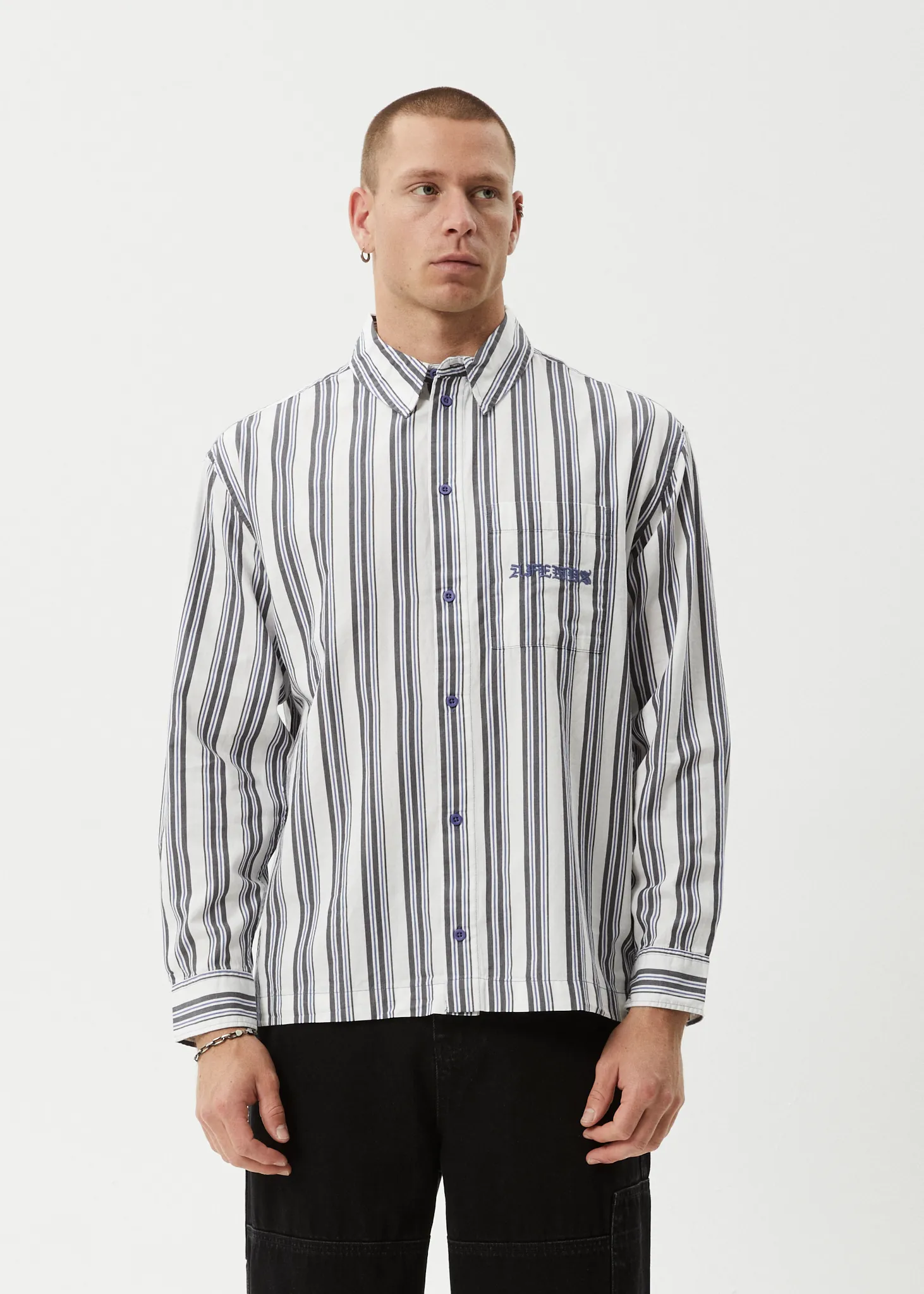 AFENDS Mens Lined Up - Long Sleeve Shirt - White Stripe