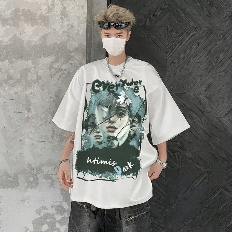 American Style Men's T-shirts Shoulder Pads Cartoon Printing Tops Round Collar Short Sleeve Male Tees Tide 9C6871