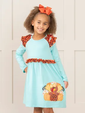 Aqua & Leopard Embroidered Turkey Ruffle Dress