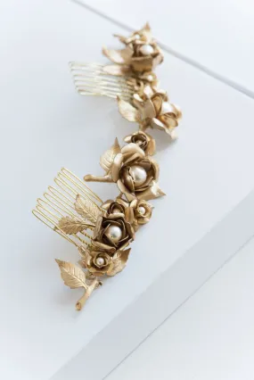 Gold flower hair comb, gilded roses hair vine - Roselle