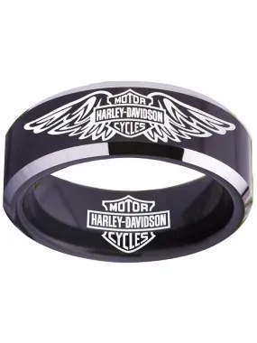 Harley Davidson Ring Men's Ring 8mm Black Silver Wedding Ring #harleydavidson