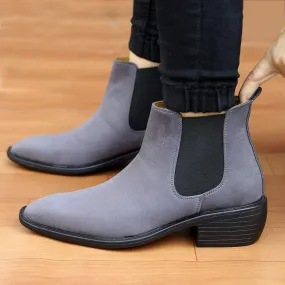 Height Increasing Suede Material Grey Casual Chelsea Boots For Men-JonasParamount