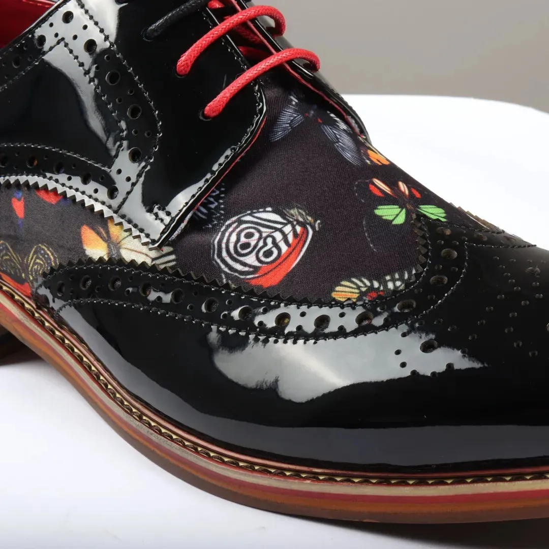 Julius - Men's Butterfly Print Patent Leather Brogue Shoes