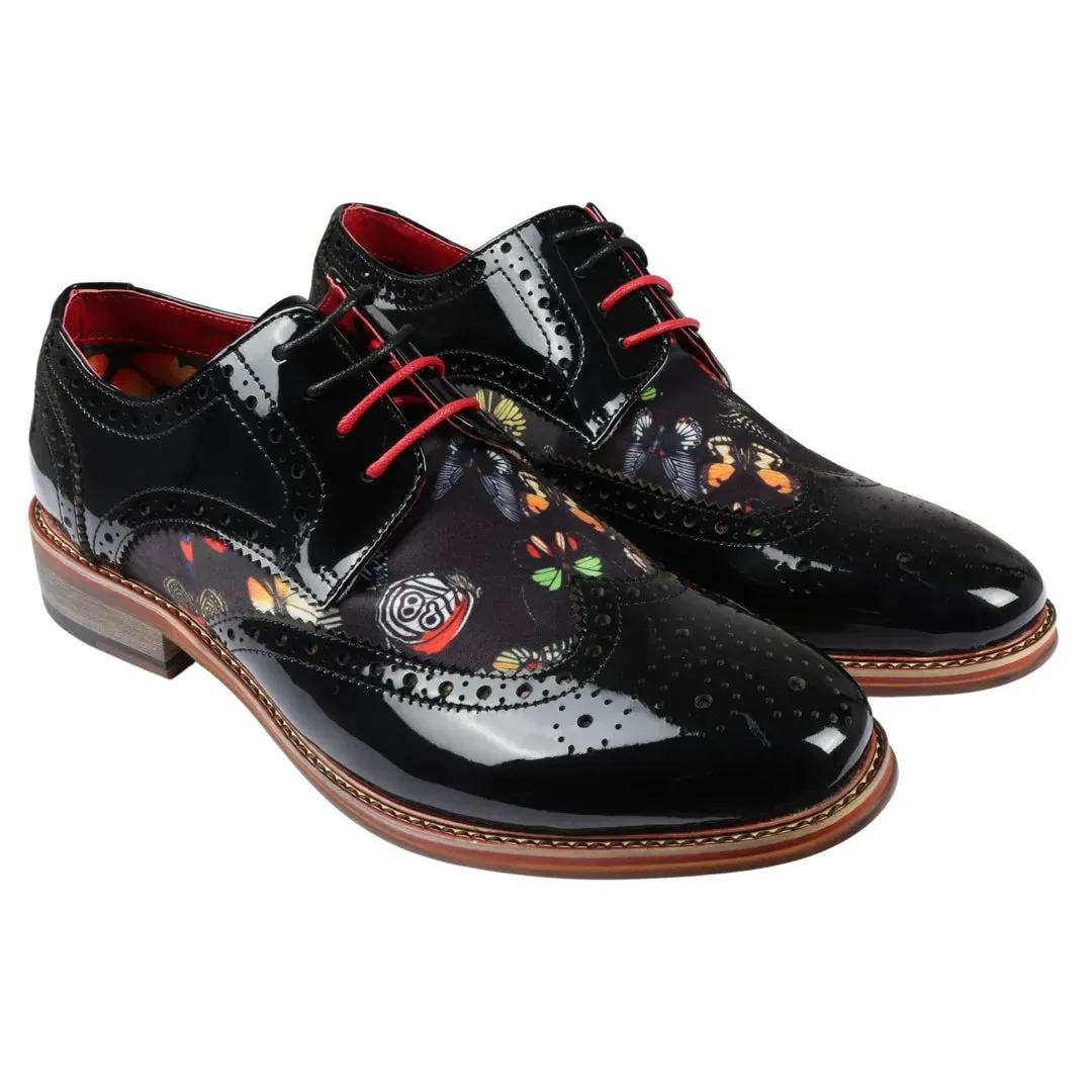 Julius - Men's Butterfly Print Patent Leather Brogue Shoes