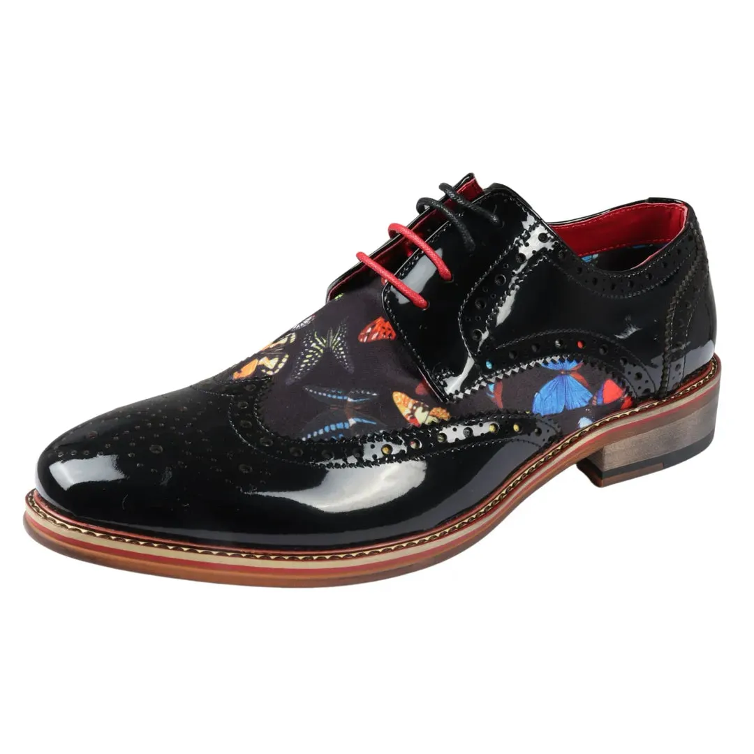 Julius - Men's Butterfly Print Patent Leather Brogue Shoes