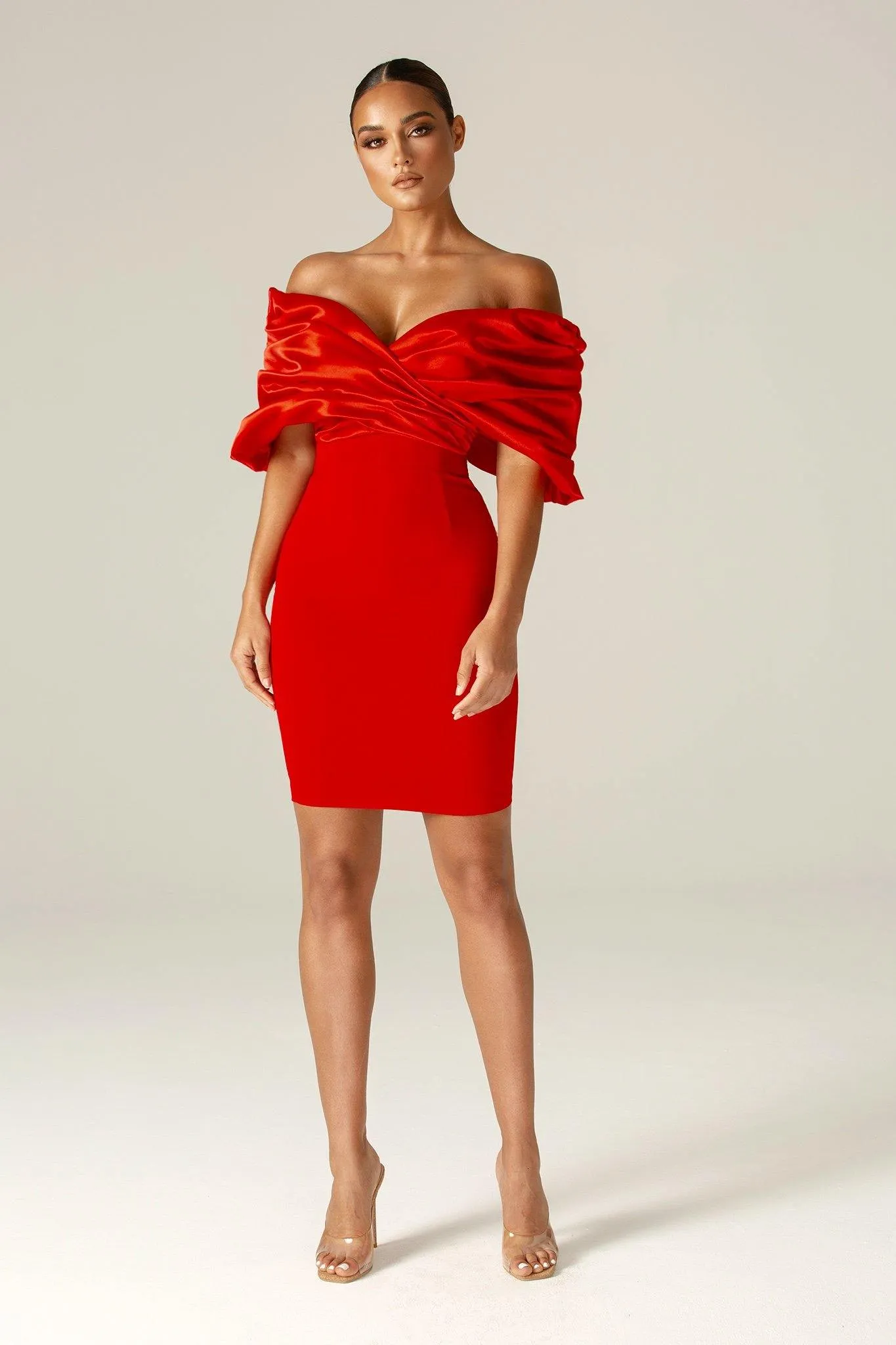 Maribel Crepe Ruffle Shoulder Dress (Red)