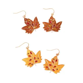 Marquise Round Stone Pointed Enamel Maple Leaf Dangle Earrings