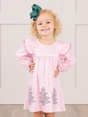 Pink Striped Embroidered Floral Trees Ruffle Dress