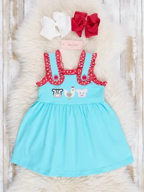 Turquoise Embroidered Farm Friends Ruffle Dress