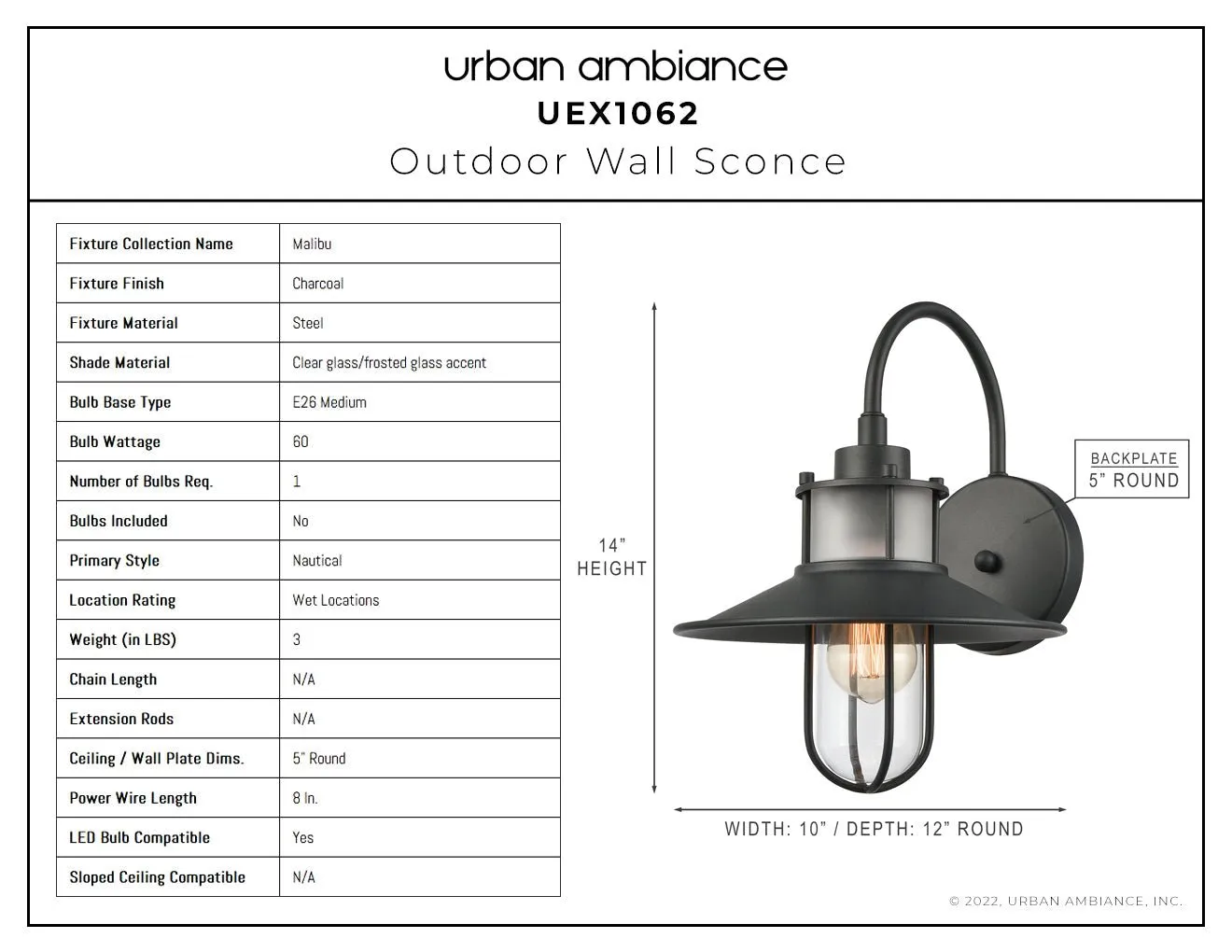 UEX1062 Nautical Outdoor Wall Sconce 14''H x 10''W, Charcoal Finish, Malibu Collection