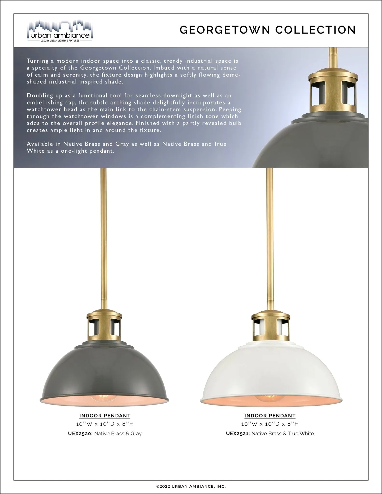 UEX2521 Cosmopolitan Pendant 8''H x 10''W, Native Brass & True White Finish, Georgetown Collection