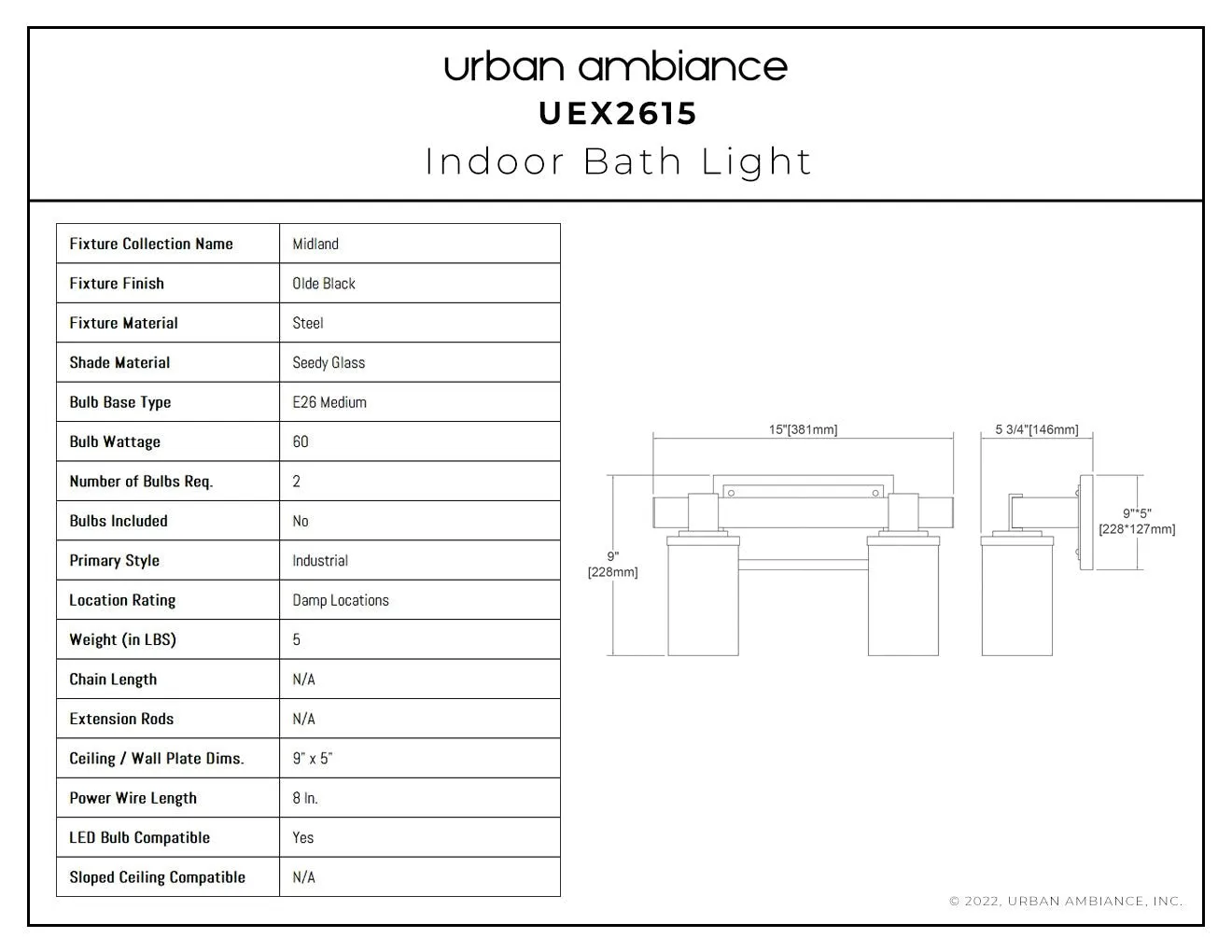 UEX2615 Industrial Bath Light 9''H x 15''W, Olde Black Finish, Midland Collection