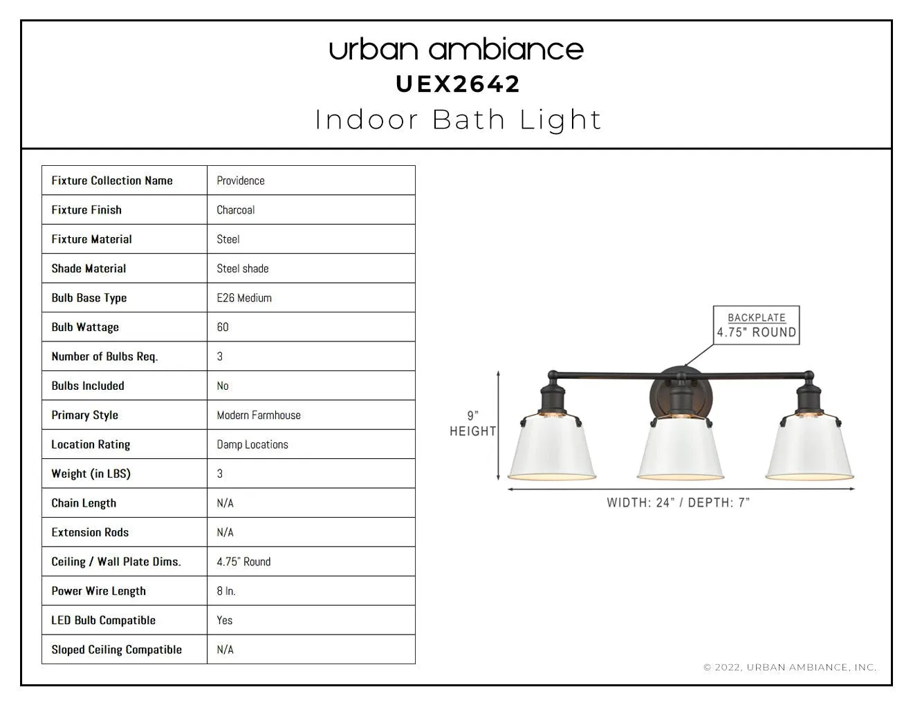 UEX2642 Modern Farmhouse Bath Light 9''H x 24''W, Charcoal Finish, Providence Collection