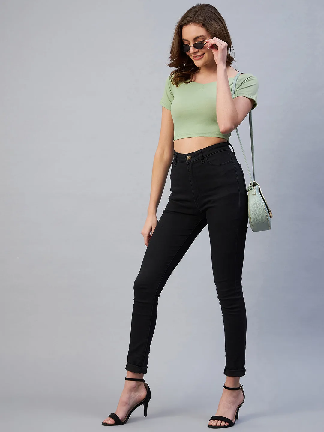 Women Green Colour Off-Shoulder Solid Fitted Top