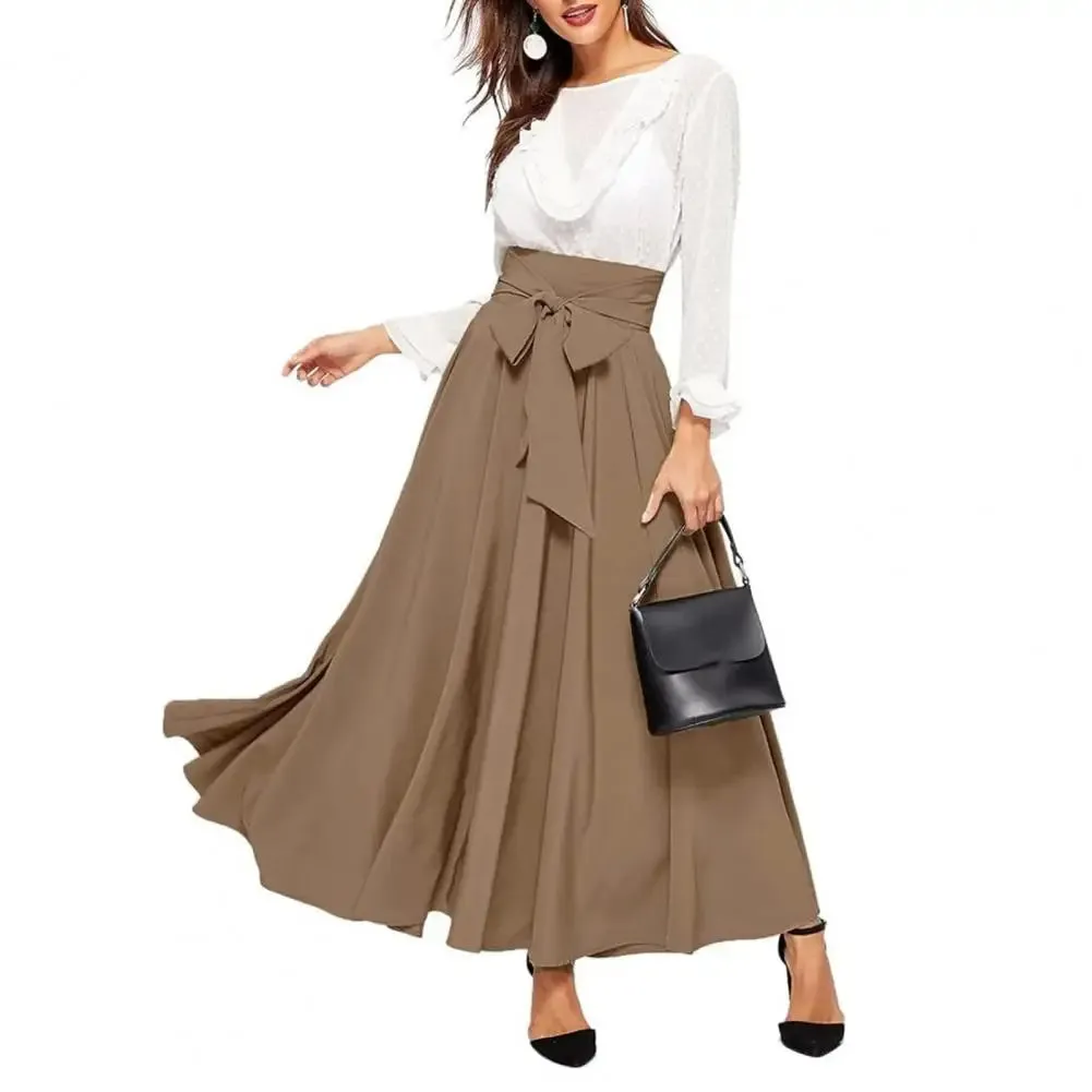 Women Skirt Elegant Lace-up Maxi Skirt with High Waist A-line Silhouette Solid Color Pleated Ankle Length for Women for Spring